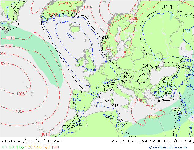 Jet stream/SLP ECMWF Mo 13.05.2024 12 UTC