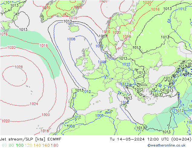 Jet stream/SLP ECMWF Tu 14.05.2024 12 UTC