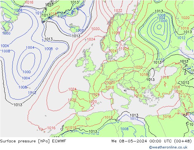 Surface pressure ECMWF We 08.05.2024 00 UTC