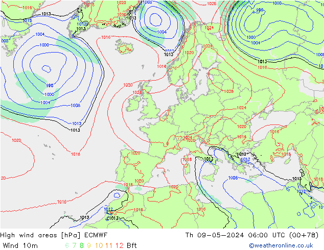 yüksek rüzgarlı alanlar ECMWF Per 09.05.2024 06 UTC