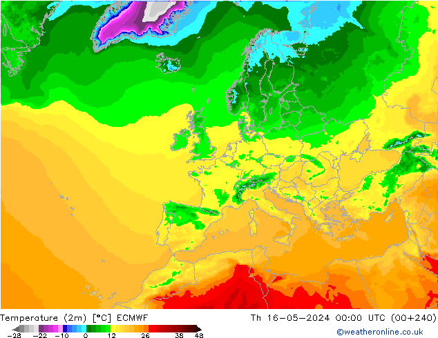 Temperature (2m) ECMWF Th 16.05.2024 00 UTC