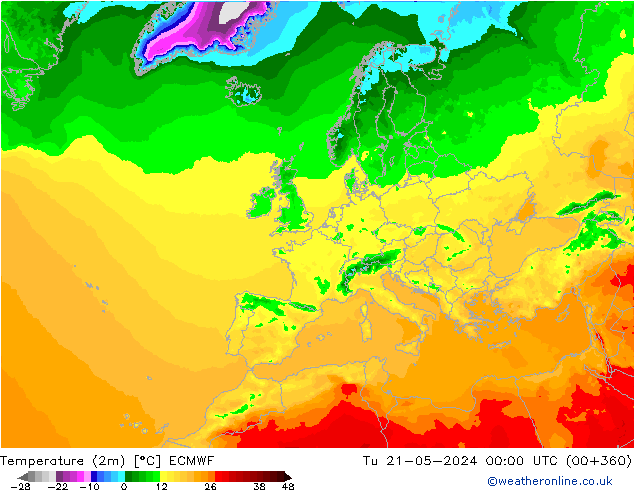 Temperaturkarte (2m) ECMWF Di 21.05.2024 00 UTC