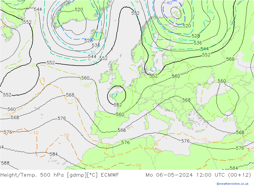 Height/Temp. 500 hPa ECMWF Mo 06.05.2024 12 UTC