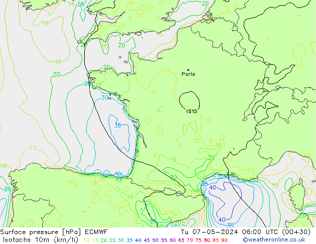 Eşrüzgar Hızları (km/sa) ECMWF Sa 07.05.2024 06 UTC