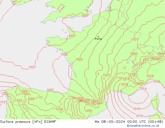 Surface pressure ECMWF We 08.05.2024 00 UTC