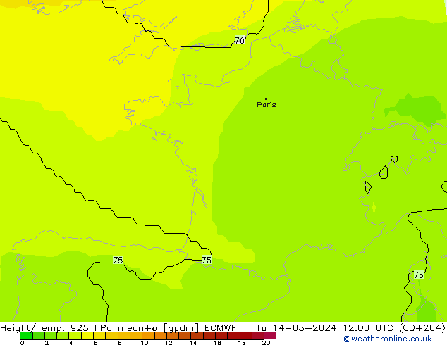 Height/Temp. 925 hPa ECMWF Út 14.05.2024 12 UTC