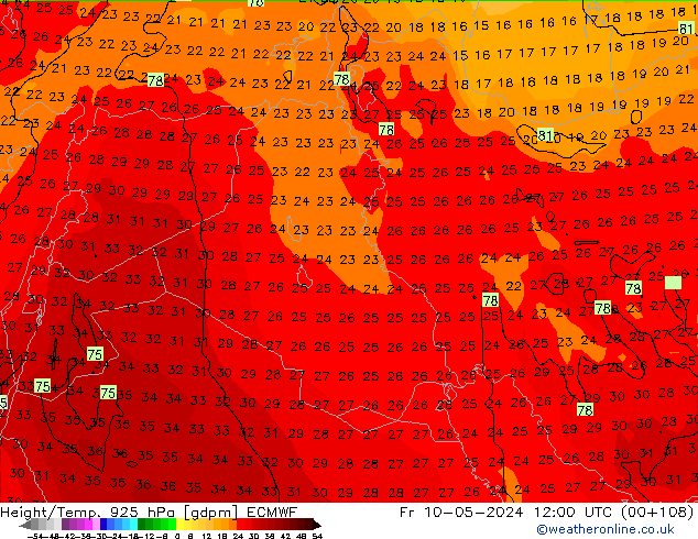 Height/Temp. 925 hPa ECMWF Fr 10.05.2024 12 UTC