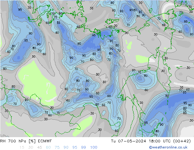 RH 700 hPa ECMWF Tu 07.05.2024 18 UTC