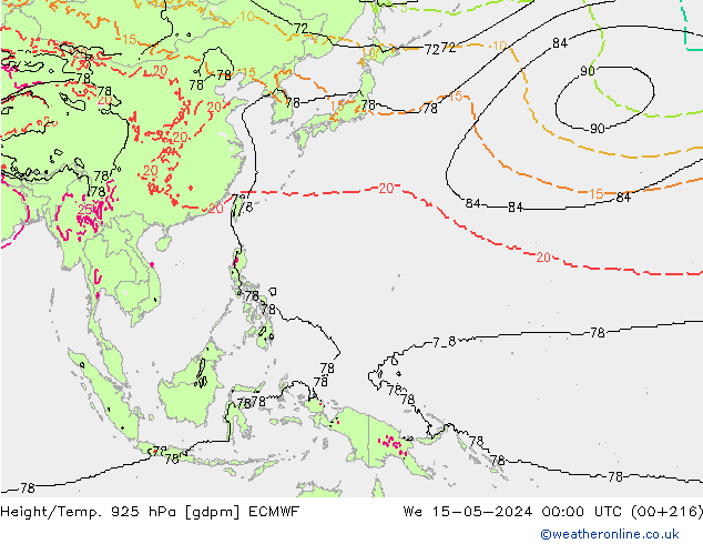 Height/Temp. 925 hPa ECMWF śro. 15.05.2024 00 UTC