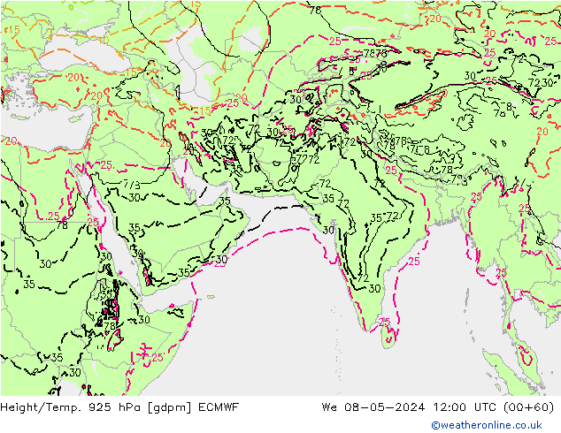 Géop./Temp. 925 hPa ECMWF mer 08.05.2024 12 UTC