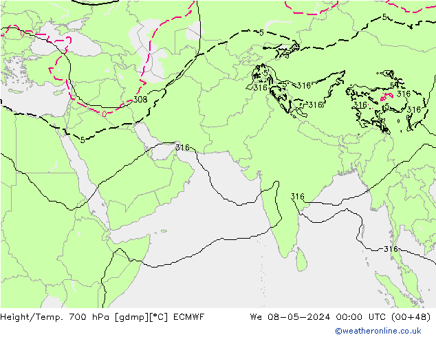 Height/Temp. 700 hPa ECMWF We 08.05.2024 00 UTC