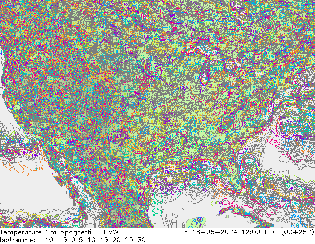 Temperature 2m Spaghetti ECMWF Čt 16.05.2024 12 UTC