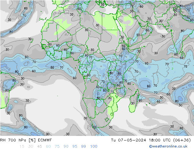 RH 700 hPa ECMWF Ter 07.05.2024 18 UTC