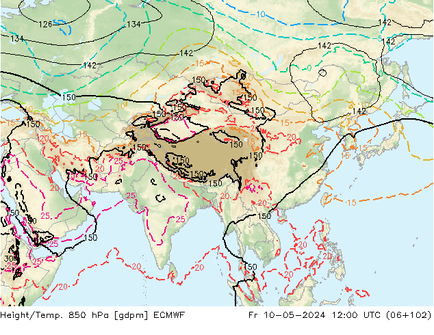 Hoogte/Temp. 850 hPa ECMWF vr 10.05.2024 12 UTC