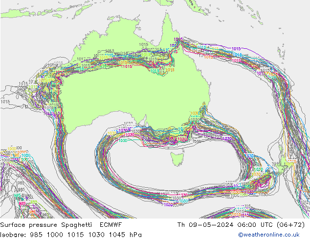 Surface pressure Spaghetti ECMWF Th 09.05.2024 06 UTC