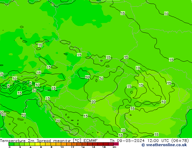 Temperature 2m Spread ECMWF Th 09.05.2024 12 UTC