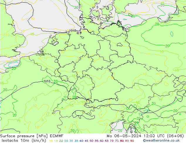 Isotachen (km/h) ECMWF Mo 06.05.2024 12 UTC