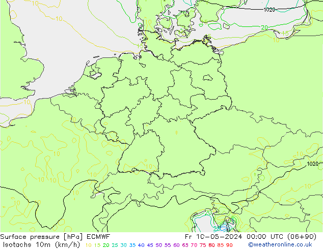 Izotacha (km/godz) ECMWF pt. 10.05.2024 00 UTC