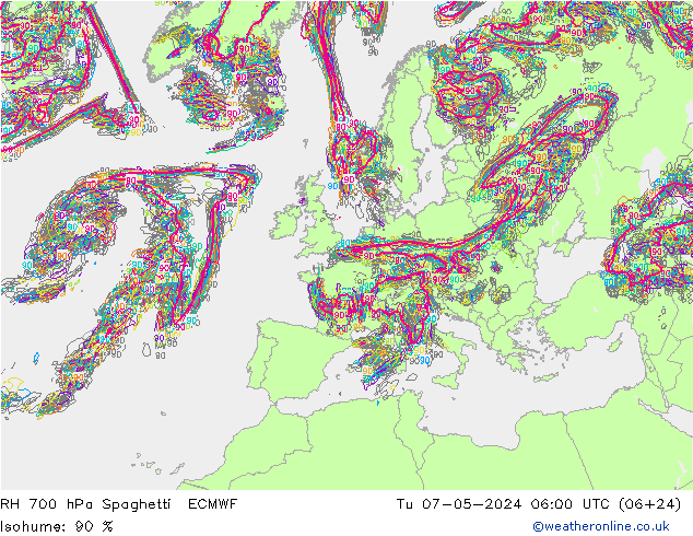 RH 700 hPa Spaghetti ECMWF Di 07.05.2024 06 UTC