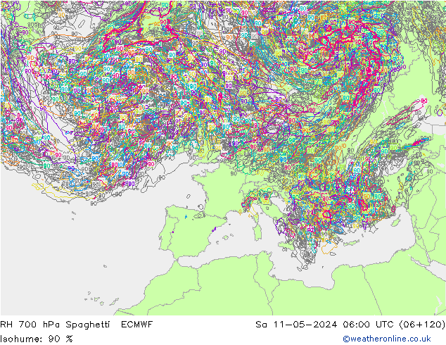 RH 700 hPa Spaghetti ECMWF Sa 11.05.2024 06 UTC