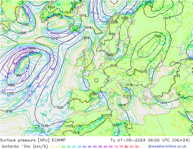 Isotachen (km/h) ECMWF Di 07.05.2024 06 UTC