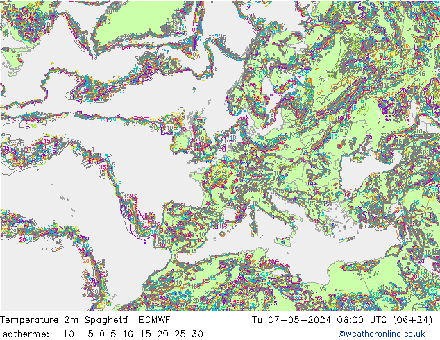 Temperature 2m Spaghetti ECMWF Tu 07.05.2024 06 UTC