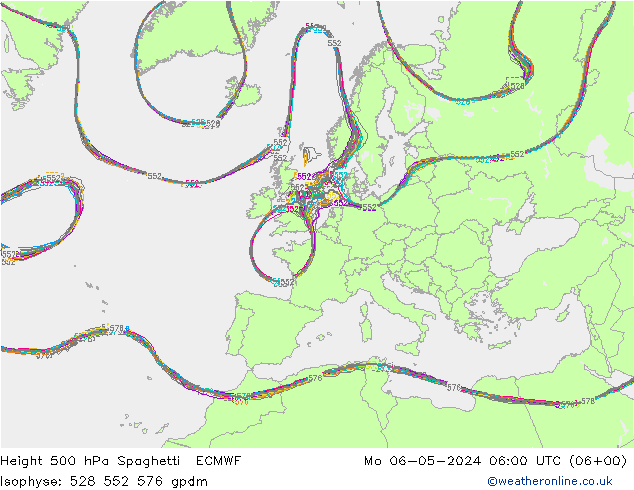 Height 500 hPa Spaghetti ECMWF lun 06.05.2024 06 UTC