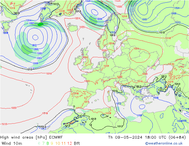 High wind areas ECMWF Th 09.05.2024 18 UTC