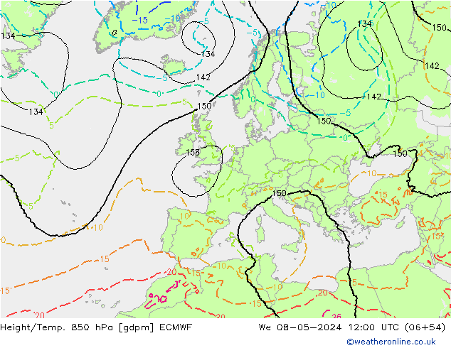 Height/Temp. 850 hPa ECMWF We 08.05.2024 12 UTC