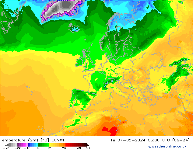 Temperature (2m) ECMWF Tu 07.05.2024 06 UTC