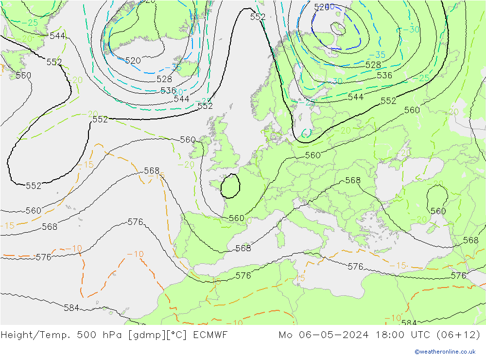 Height/Temp. 500 hPa ECMWF Mo 06.05.2024 18 UTC