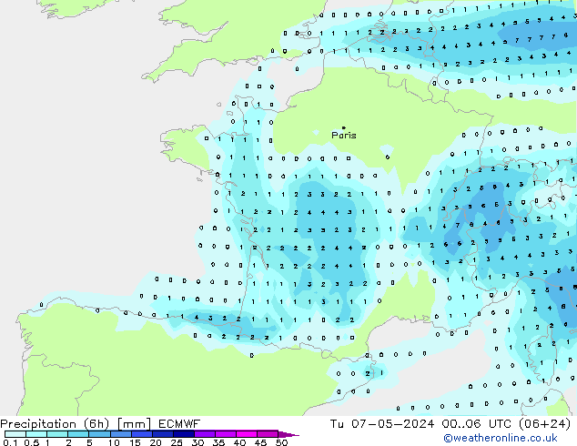 осадки (6h) ECMWF вт 07.05.2024 06 UTC