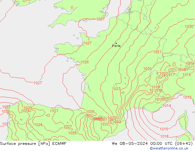 pressão do solo ECMWF Qua 08.05.2024 00 UTC