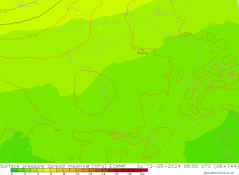 Atmosférický tlak Spread ECMWF Ne 12.05.2024 06 UTC