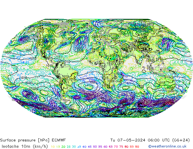 Isotachs (kph) ECMWF Tu 07.05.2024 06 UTC