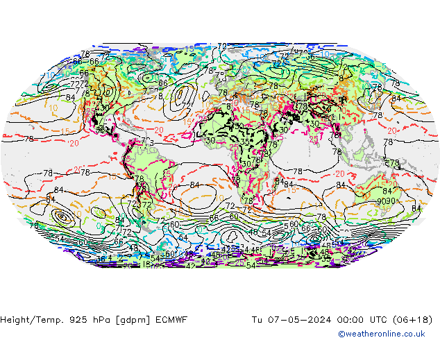 Height/Temp. 925 hPa ECMWF Út 07.05.2024 00 UTC