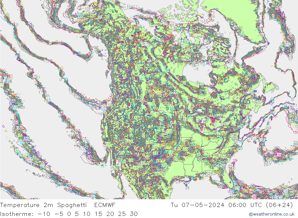 Temperature 2m Spaghetti ECMWF Tu 07.05.2024 06 UTC