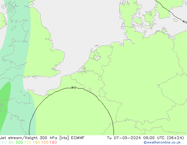 Jet stream/Height 300 hPa ECMWF Út 07.05.2024 06 UTC