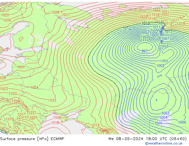 Presión superficial ECMWF mié 08.05.2024 18 UTC