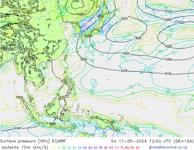Isotachen (km/h) ECMWF Sa 11.05.2024 12 UTC