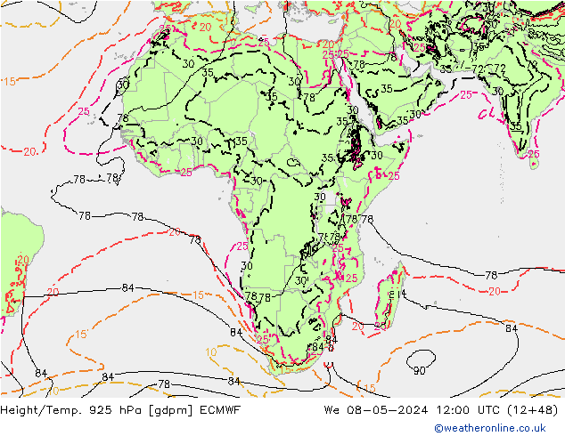 Géop./Temp. 925 hPa ECMWF mer 08.05.2024 12 UTC