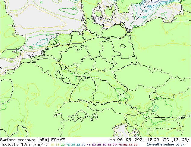 Isotachs (kph) ECMWF lun 06.05.2024 18 UTC