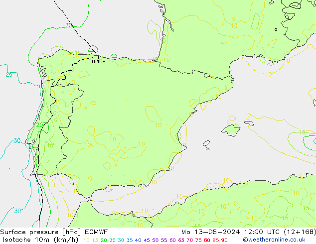 Isotachs (kph) ECMWF Mo 13.05.2024 12 UTC