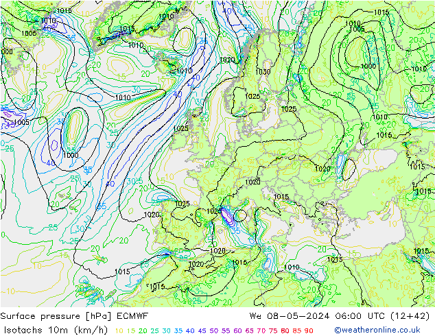 Isotachs (kph) ECMWF We 08.05.2024 06 UTC