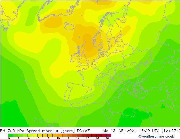 700 hPa Nispi Nem Spread ECMWF Pzt 13.05.2024 18 UTC