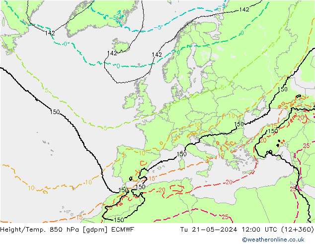Hoogte/Temp. 850 hPa ECMWF di 21.05.2024 12 UTC