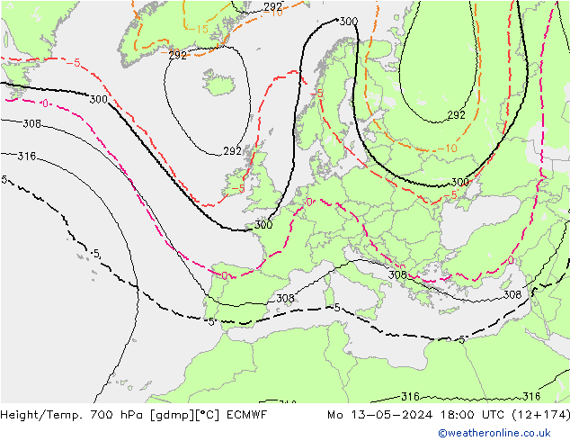 Height/Temp. 700 hPa ECMWF Mo 13.05.2024 18 UTC