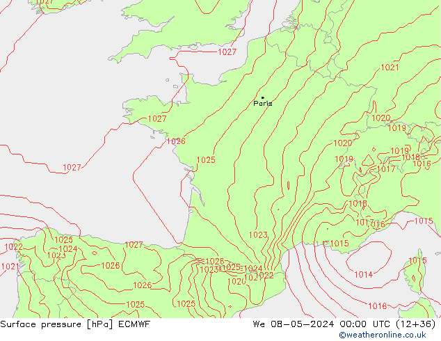 Surface pressure ECMWF We 08.05.2024 00 UTC