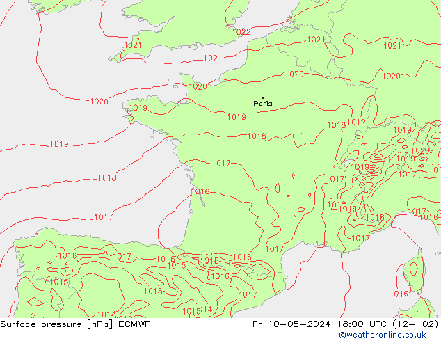 Luchtdruk (Grond) ECMWF vr 10.05.2024 18 UTC