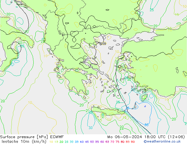 Isotachs (kph) ECMWF  06.05.2024 18 UTC